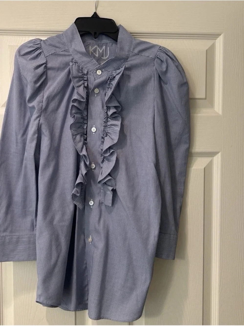 KMJ Ruffled Pinstripe Button-Down Blouse in Light Blue
